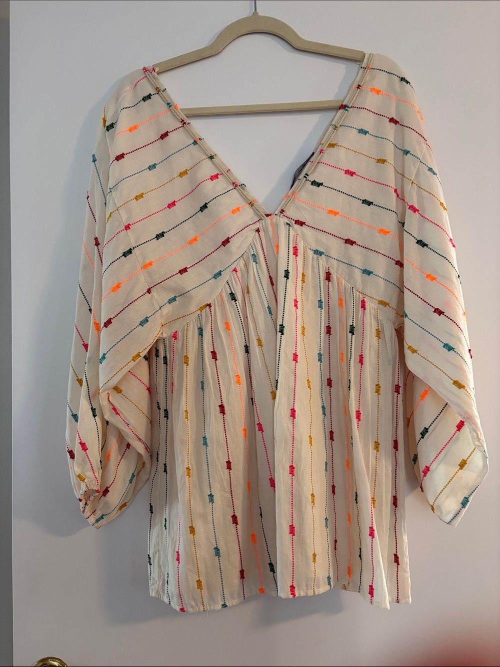 Zara Cream V-Neck Embroidered Jumpsuit with Multicolor Accents